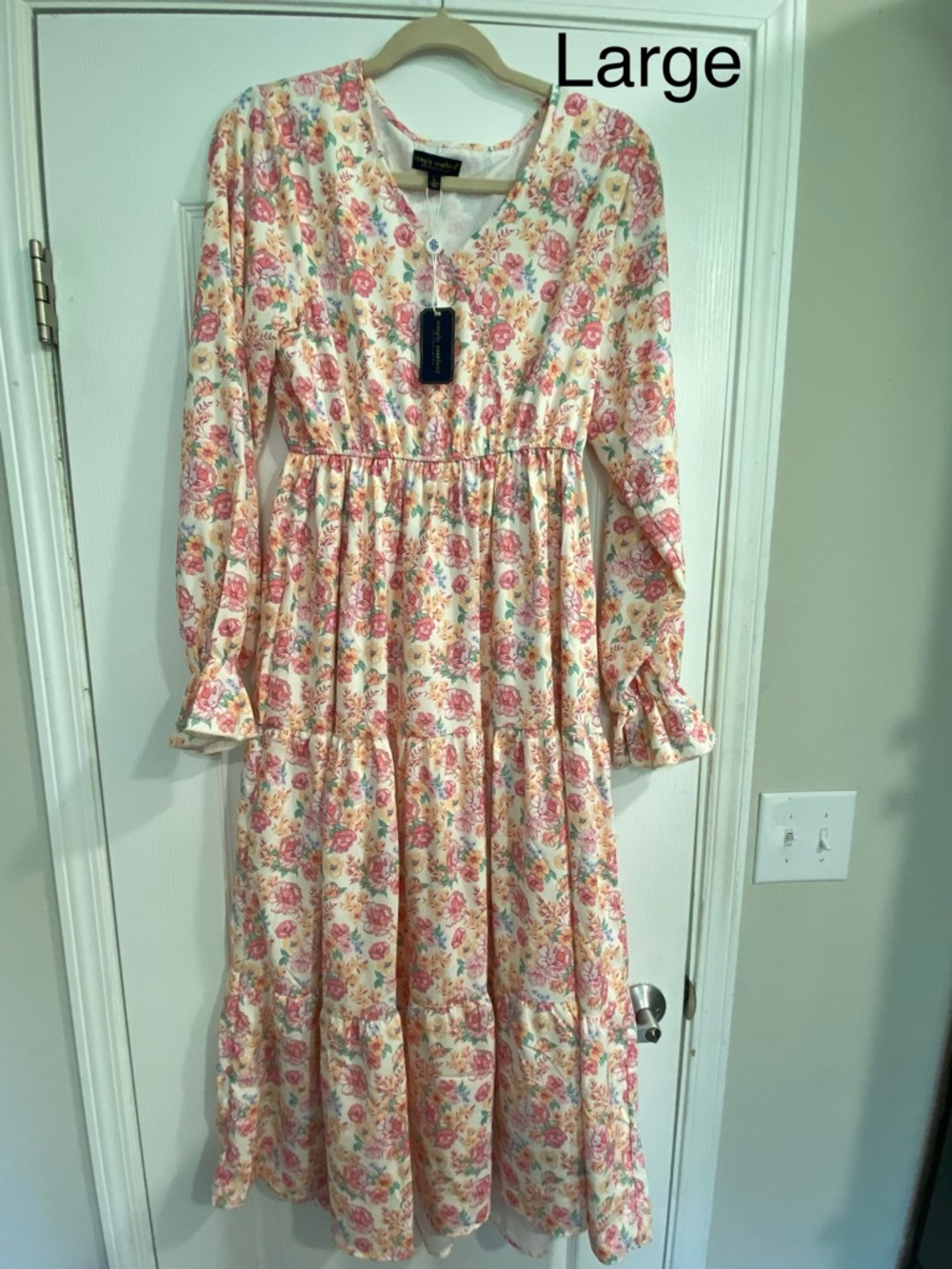 Simply Southern Cream Floral V-Neck Maxi Dress with Pink & Yellow Blooms
